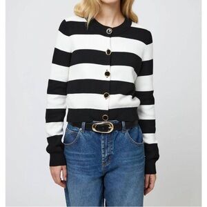 NWT- French Connection Black & White Striped Crewneck Cardigan Sweater